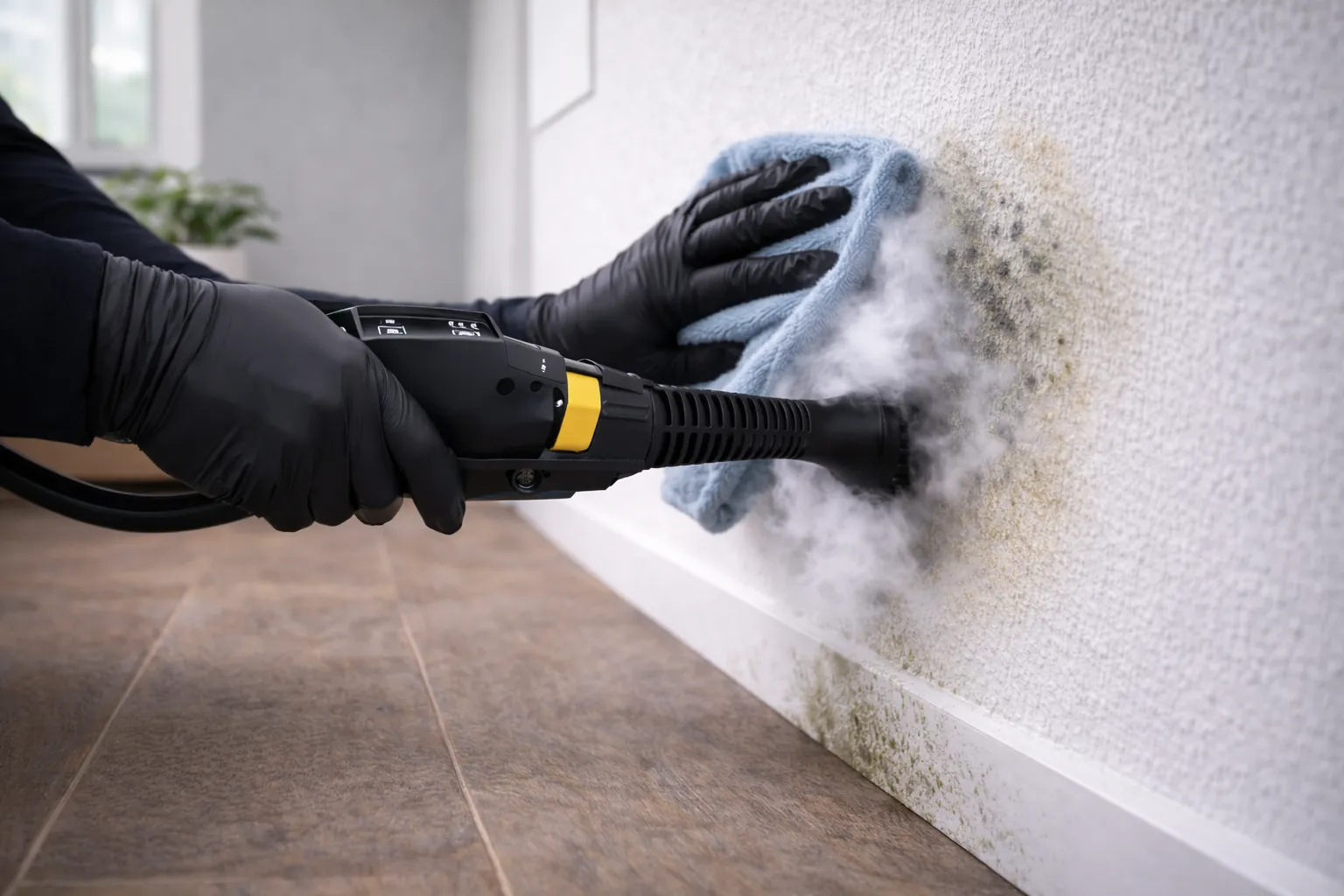 SAN-AIR surface spray being applied to remove mould from interior wall