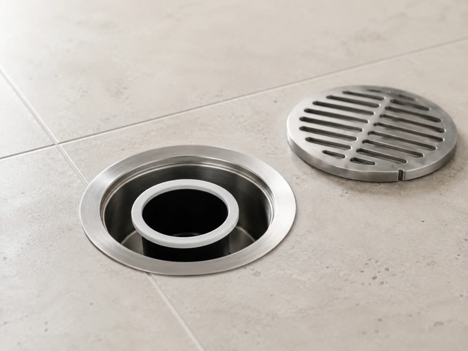Close-up of an Eco Drain seal seated in a commercial floor waste, with the grate removed